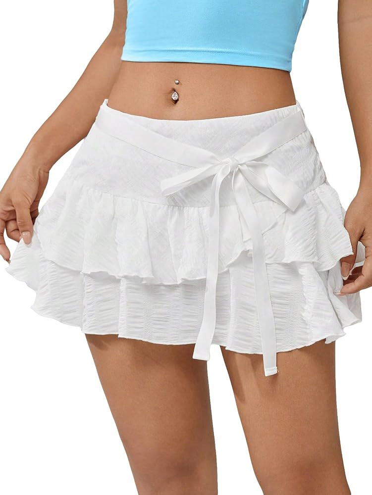 OYOANGLE Women's Layered Ruffle Hem Knot Side Low Waist Skirts Casual Solid Flowy Mini Skirts | Amazon (US)