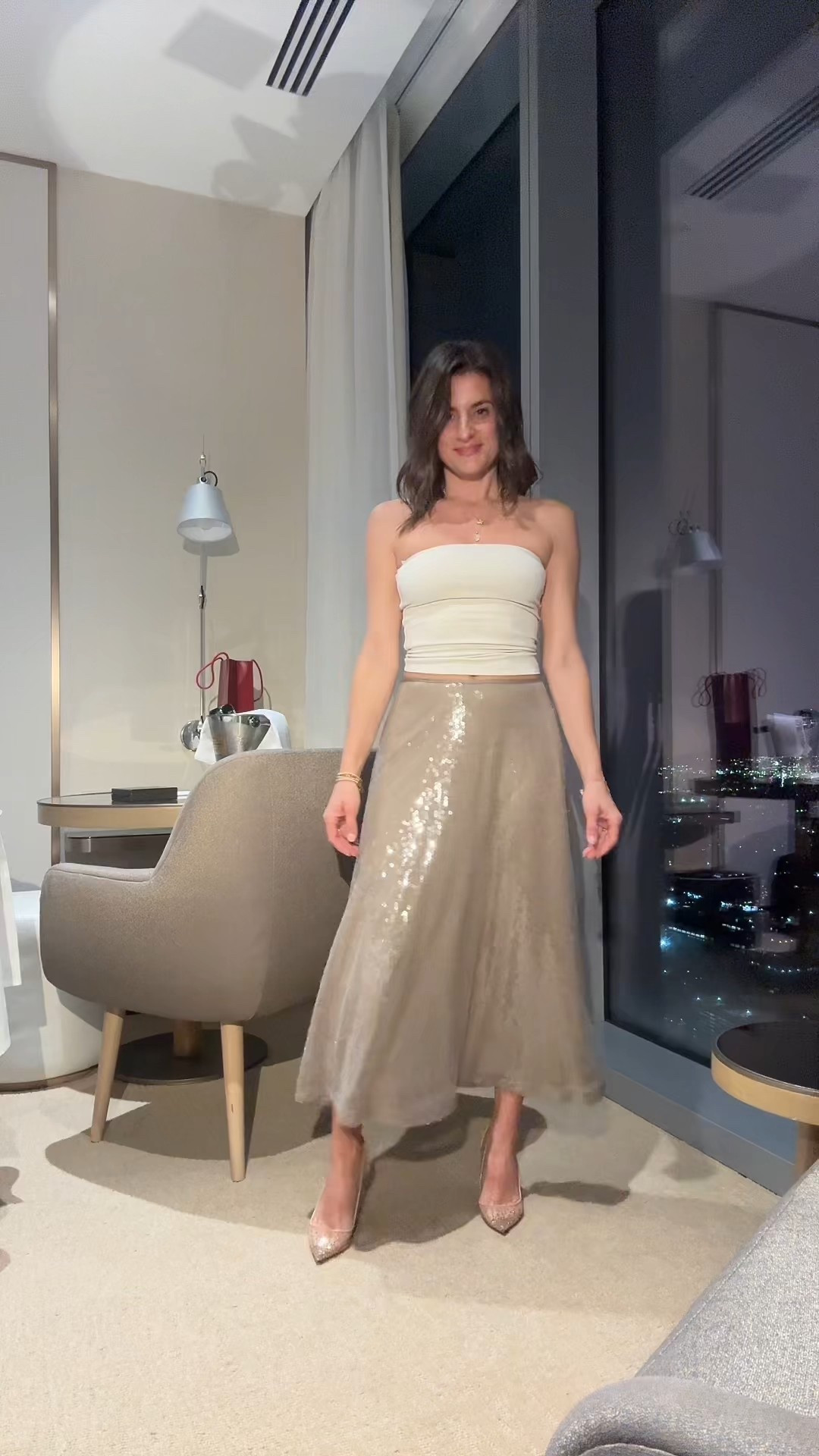 Sparkly maxi skirt and heels to kick off 2026 