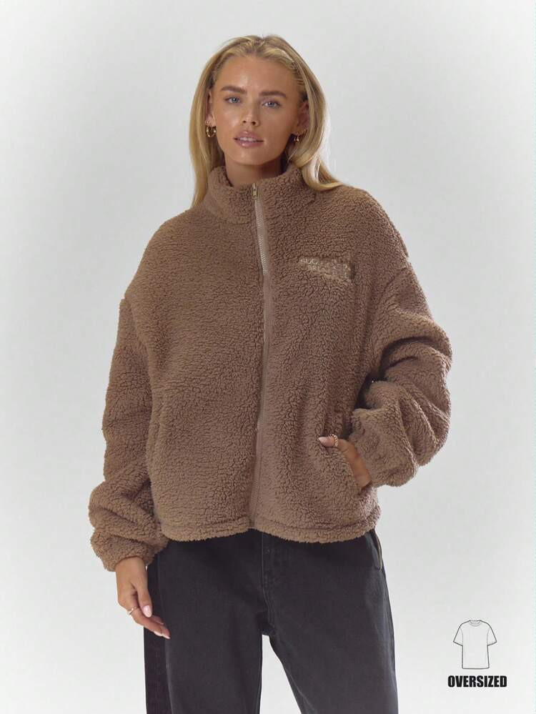 MUSERA High Neck Embroidered Elasticated Toggle Detail Fleece Jacket Fall Autumn Cosy Cute Casual Coffee Club Winter Christmas | SHEIN