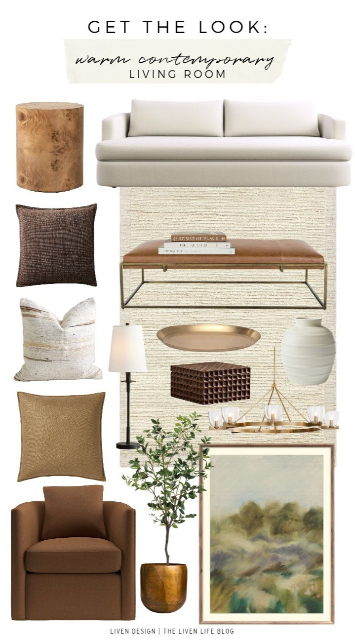 Warm contemporary living room. Home decor. Burl wood table. Decorative box. Coffee table. Leather ottoman cocktail coffee table. Throw pillows. Neutral decor. Textured rug. Neutral rug. Ceramic vase. Glass brass chandelier. Brass tray. Sofa. Brass copper planter

#LTKSeasonal #LTKHome #LTKSaleAlert