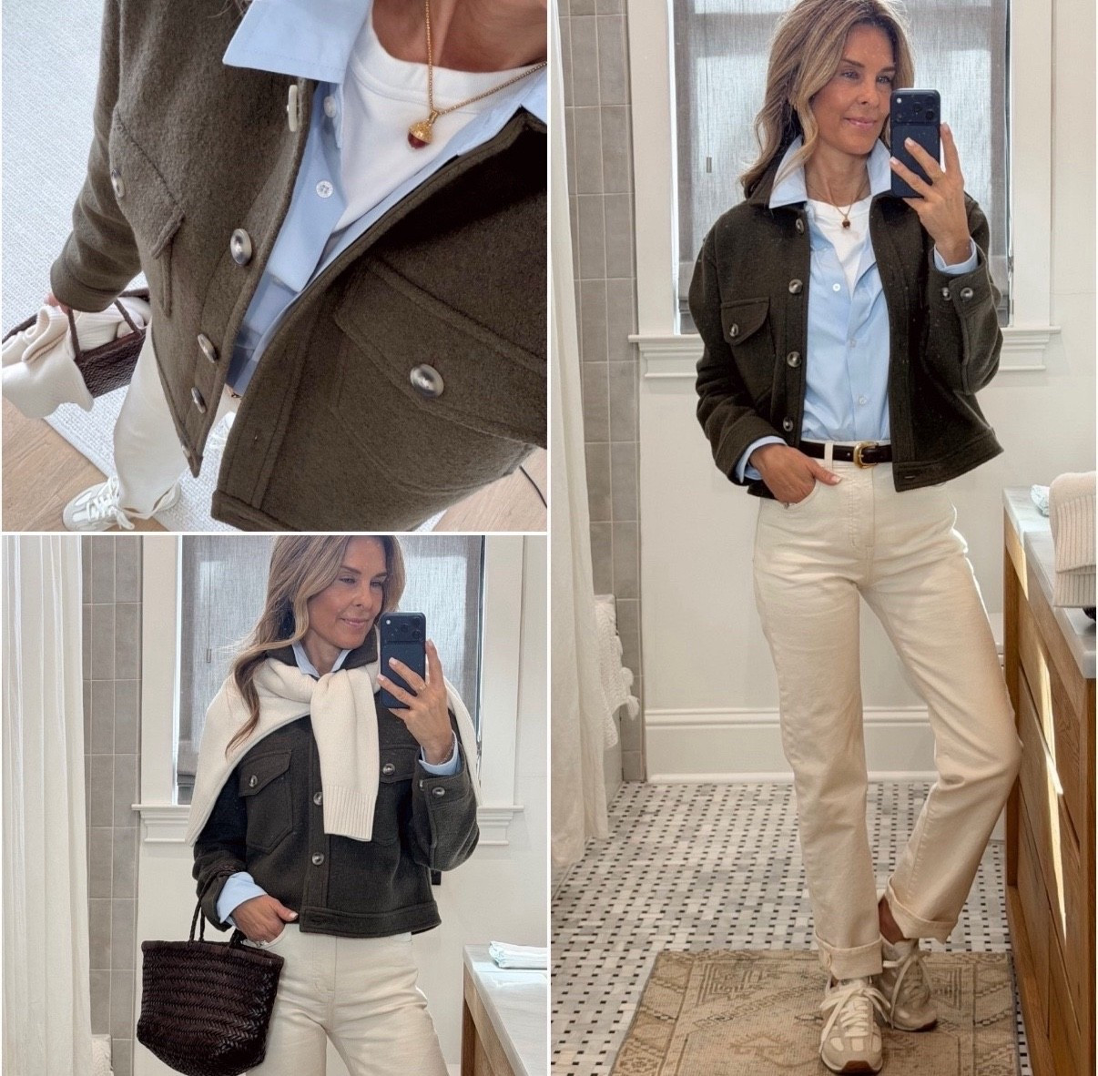 -Madewell jeans, love the straight leg fit! I’m 5’6”. Wearing Reg length. I cuffed them. 
-A favorite low-cost tee! Sz Small
-Brochu Walker button-up with elevated details? Sz XS
-Quince jacket, Sz S other colors available 
-Quince cashmere sweater sz S
-New Balance sneakers TTS 
-new acorn charm Is gorgeous! Crafted in Italy. 


#LTKootd #LTKOver40 #LTKgrwm