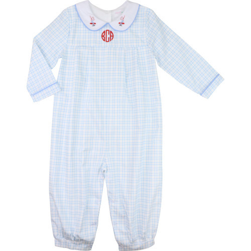 Blue Knit Windowpane Valentine Airplane Long Romper | Cecil and Lou