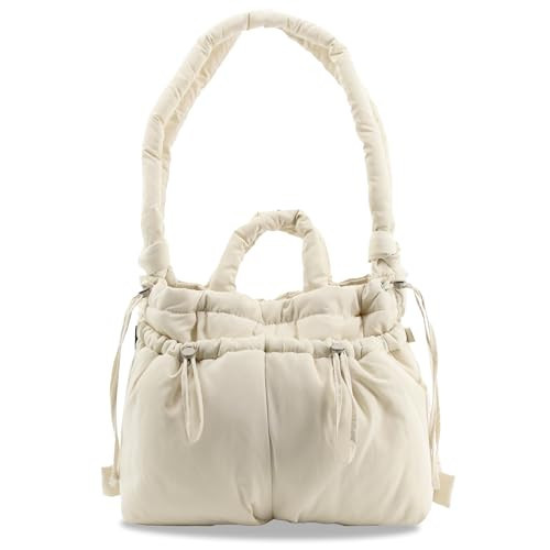 J World Quilted Puffer Tote Bag for Women. Puffy Shoulder Handbag Converts to Puff Backpack. Fluffy Bubble Purse for Work Travell, Beige | Amazon (US)