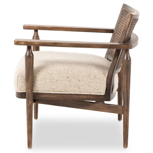 Xander Rustic Lodge Brown Woven Cane Taupe Linen Wood Arm Chair | Kathy Kuo Home