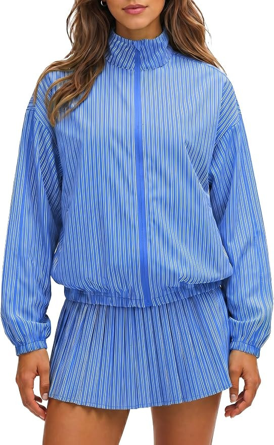 Fisoew Womens Tennis Jackets Striped 2 Piece Outfits Casual Matching Sets | Stand Collar, Zip Up,... | Amazon (US)