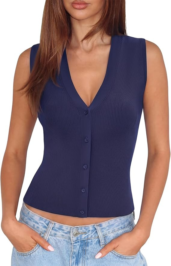 SUUKSESS Women Sleeveless Sweater Tops Summer V Neck Button Down Vest Tops Business Casual Work S... | Amazon (US)