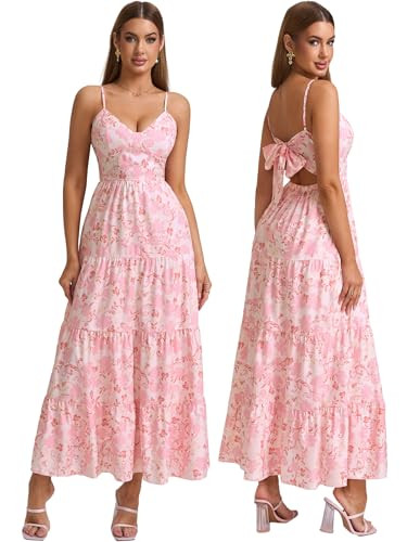 HTZMO Women Casual Summer Floral Maxi Sundress V Neck Spaghetti Strap Bow Tie Backless Flowy Boho... | Amazon (US)