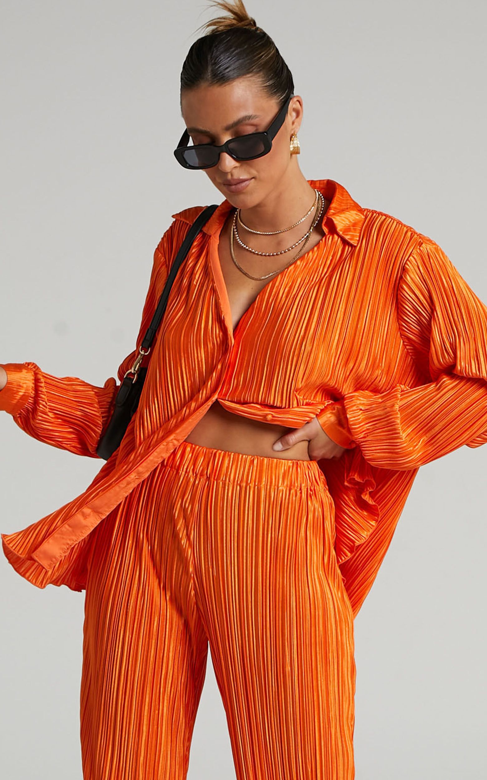 Beca Plisse Button Up Shirt in Bright Orange | Showpo (US, UK & Europe)