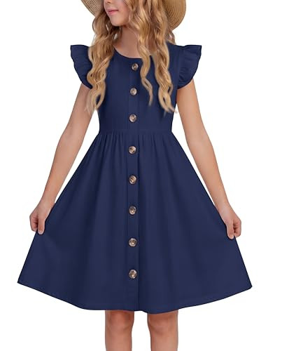 Arshiner Girls Navy Dress Casual Midi Solid Dress Flutter Sleeve Holiday Sundresses for Summer (A-Navy, 7-8 Years) | Amazon (US)