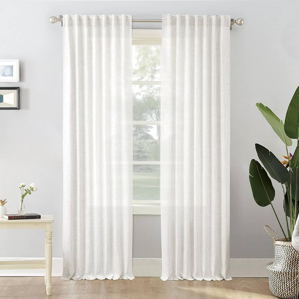 MEETBILY 102 Inch Linen Sheer Curtains for Living Room 2 Panels Set Ivory Back Tab Pocket Light F... | Amazon (US)