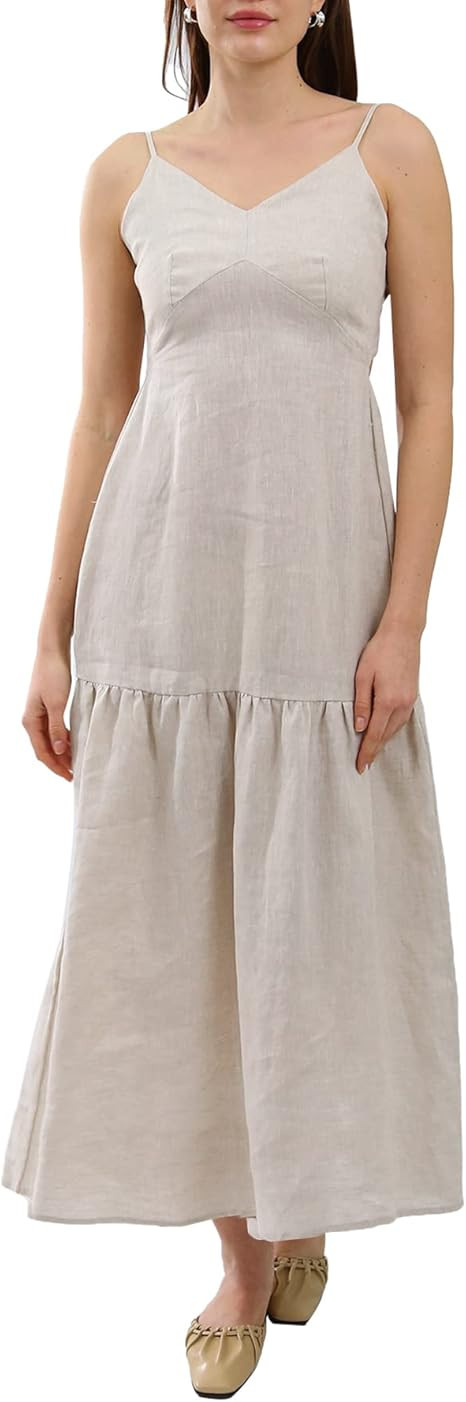 Amazhiyu Womens Pure Linen Summer Tie Back Midi Dresses Ruffle Hem Sundresses | Amazon (US)