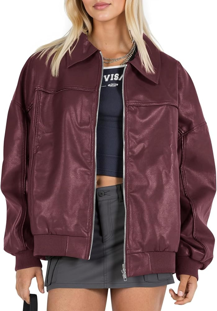 Tankaneo Womens Faux Leather Jackets Oversized Bomber Casual Fall Fashion Zip Up Moto Biker Coats | Amazon (US)