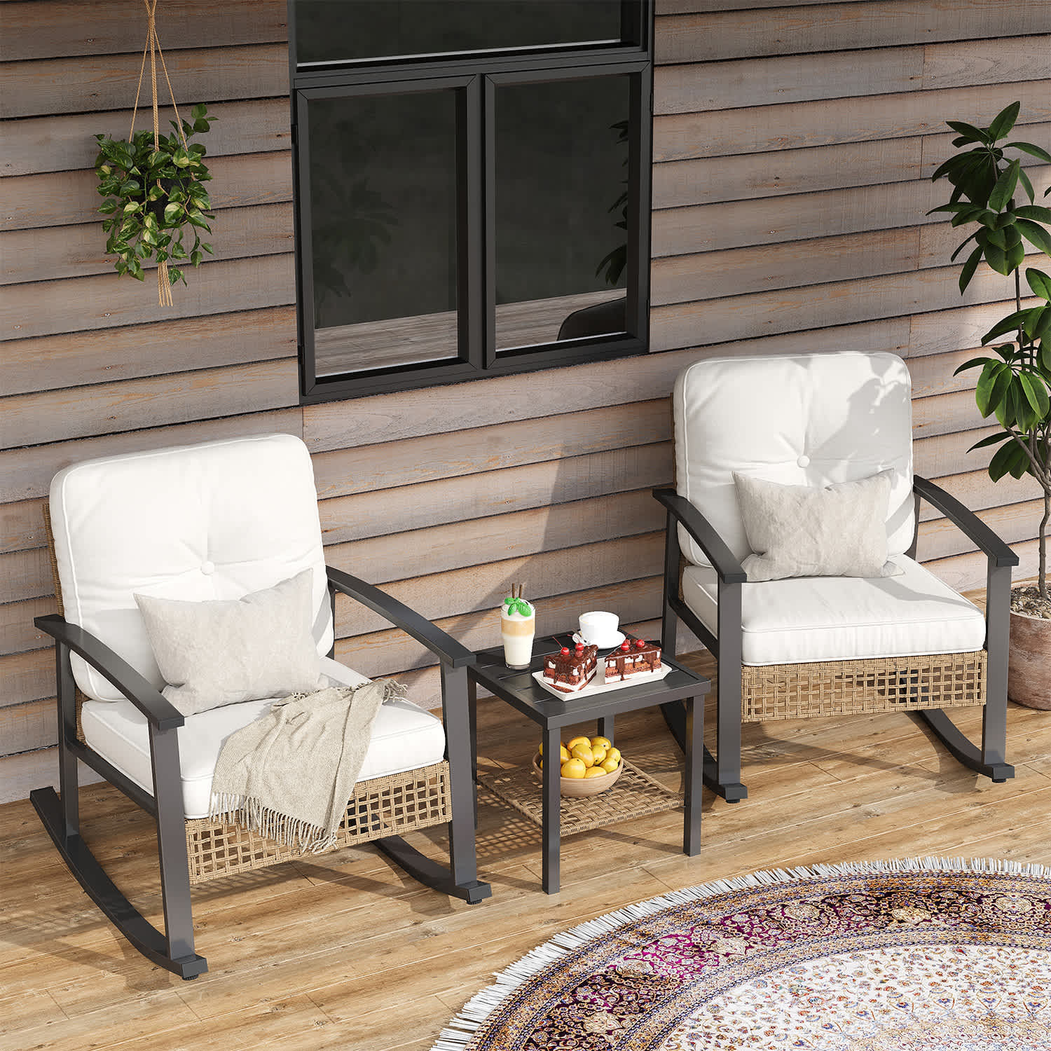 Sunmthink 3 Piece Outdoor Rocking Bistro Set Patio Furniture with 2 Wicker Rocking Chairs Thick Cushions and Coffee Table Designed for Garden Balcony | Lowe's