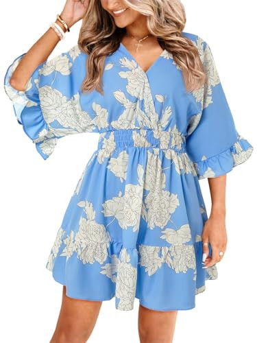 Aoysky Womens V Neck Casual Dresses Summer Floral Loose High Waist Ruffle Pleated Cute Mini Dress Light Blue | Amazon (US)