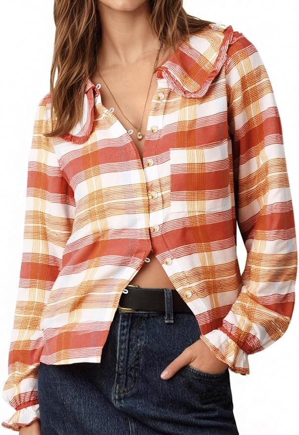 Tankaneo Womens Peter Pan Collar Button Down Shirts Long Sleeve Plaid Blouse Dressy Casual Fall T... | Amazon (US)