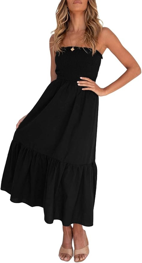 ZESICA Women's Summer Strapless Dress Off Shoulder Sleeveless High Waist Solid Color Beach Long D... | Amazon (US)