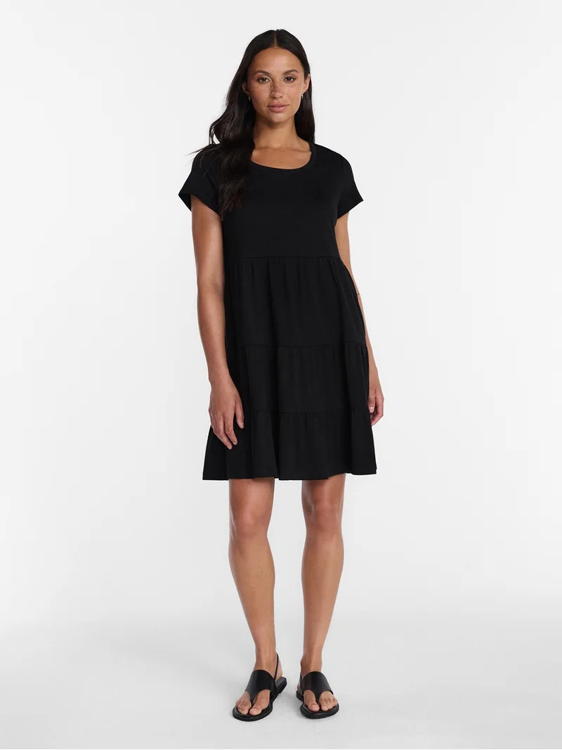 Time and Tru Women's Tiered Cotton Mini Dress with Short Sleeves, Sizes XS-XXXL | Walmart (US)