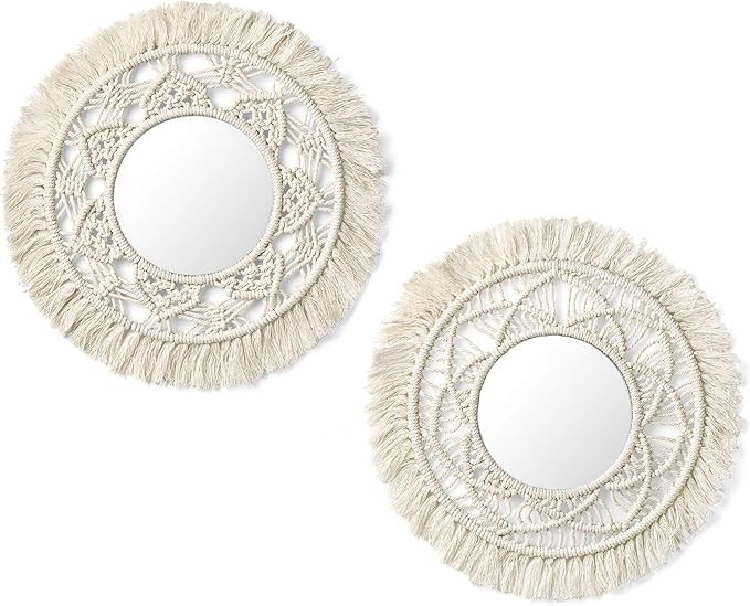Mkono Hanging Wall Mirror with Macrame Fringe 2 Set Small Round Decoratic Boho Antique Mirror for... | Amazon (US)