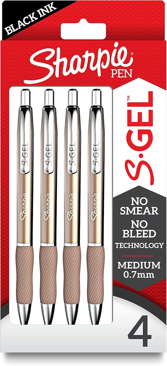 SHARPIE S-Gel, Gel Pens, Sleek Metal Barrel, Champagne, Medium Point (0.7mm), Black Ink, 4 Count | Amazon (US)