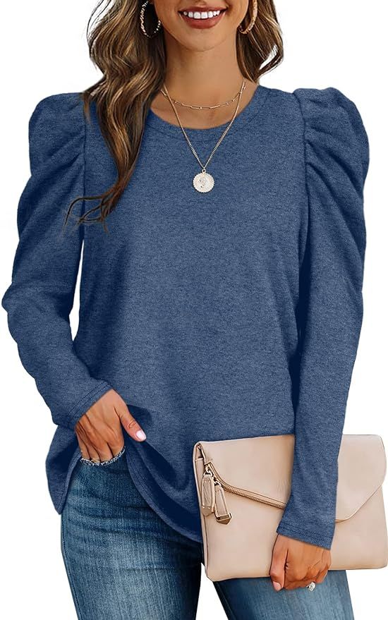 Womens Tunic Tops Puff Sleeve Crew Neck Long Sleeve Shirts Solid Color | Amazon (US)