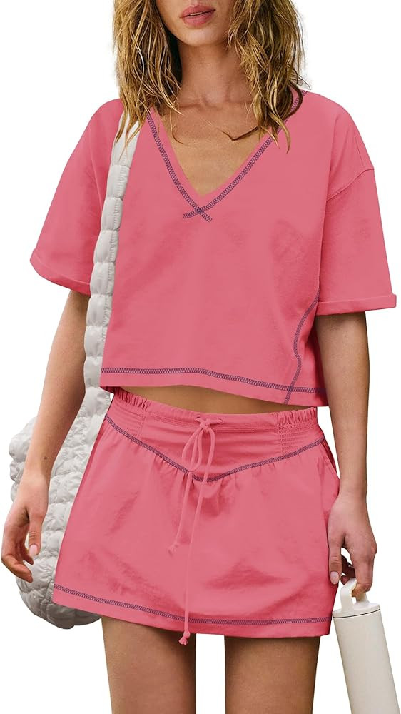 Nirovien Womens 2 Piece Workout Sets Summer Athletic Outfits Short Sleeve Crop Tops and Skirt wit... | Amazon (US)