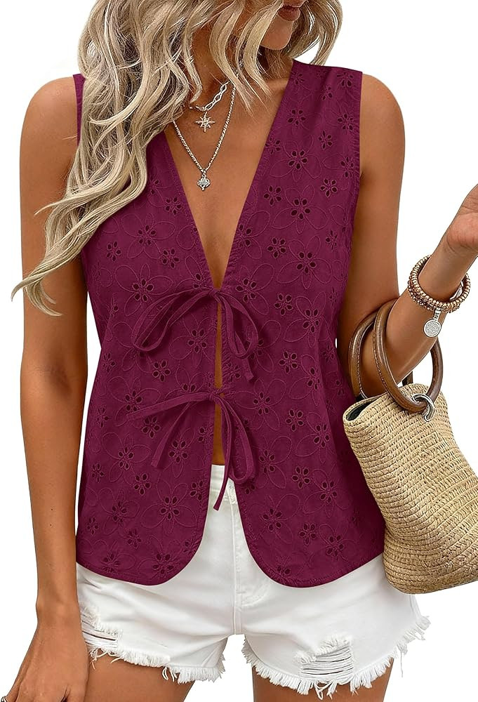 PRETTYGARDEN Women 2026 Summer Tie Front Eyelet Tank Tops Trendy Floral Vest Sleeveless V Neck Dr... | Amazon (US)