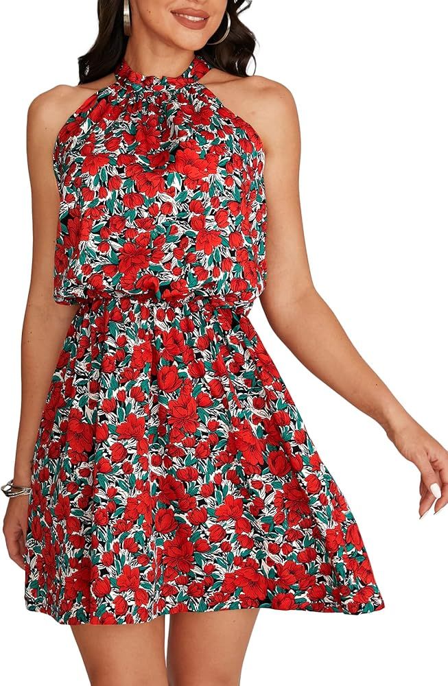 LYANER Women's Floral Print Halter Neck Sleeveless Elastic Waist Swing Mini Dress | Amazon (US)