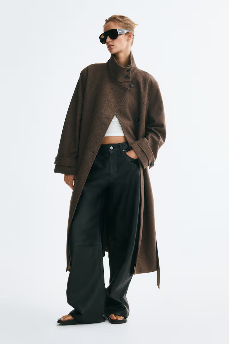 H & M - Tie-Belt Funnel-Collar Coat - Dark Taupe | H&M (US, CA, MX)
