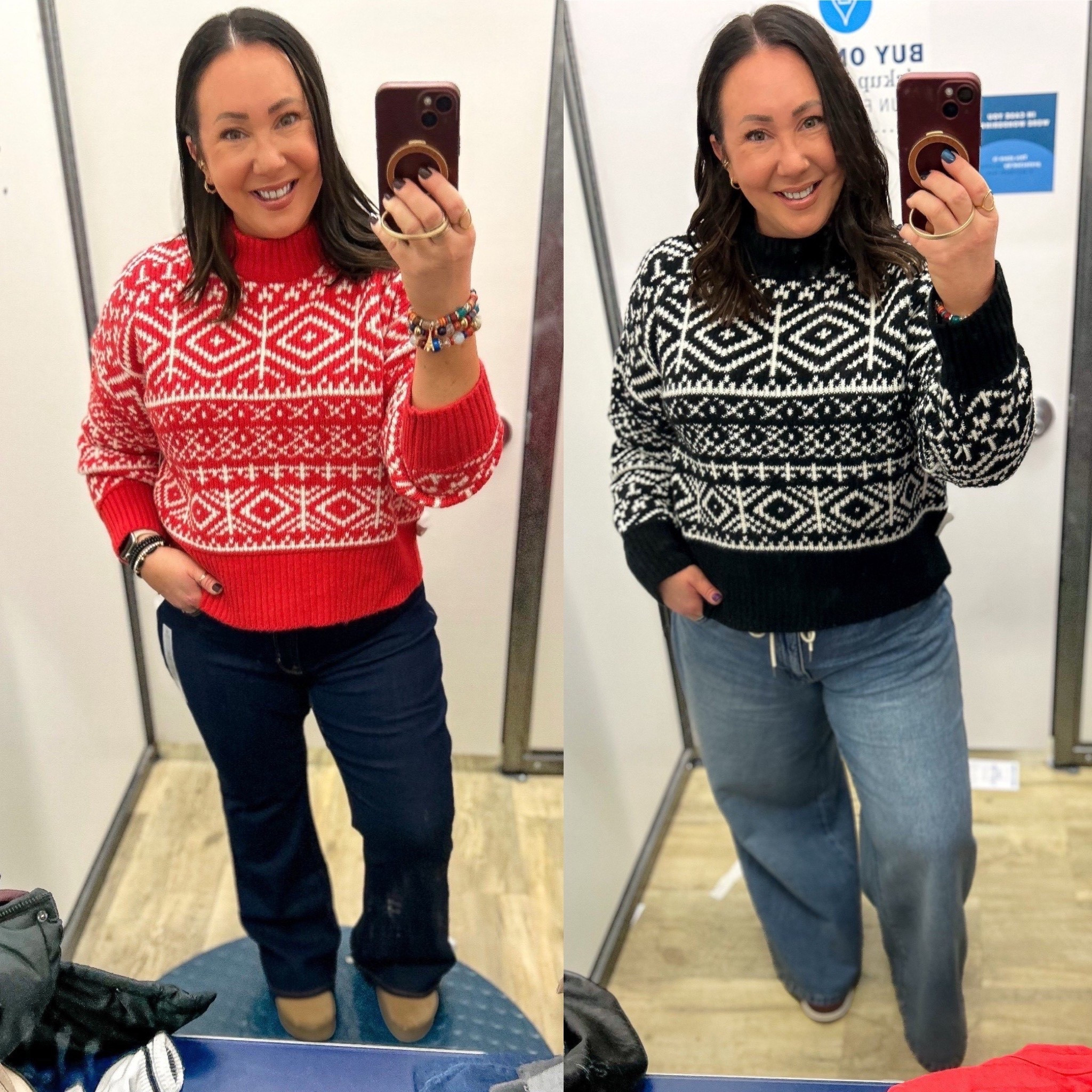 @oldnavy fair isle sweaters on sale for $15! Wearing a large in both. Size 16 regular flare jeans. On sale for $22.  Size @target large wide leg jeans.  On sale for $25.50! 

#LTKSaleAlert #LTKFindsUnder50 #LTKOver40