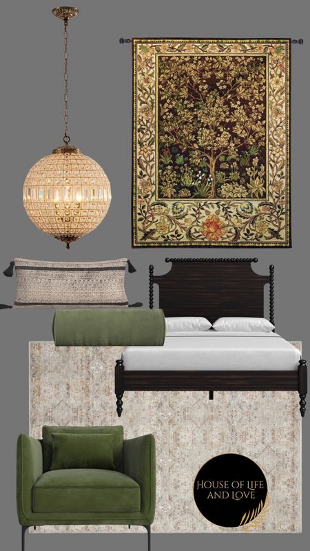 Bed, chandelier, tapestry, throw pillows, area rug, accent chair, vintage decor

#LTKHome #LTKSaleAlert #LTKStyleTip