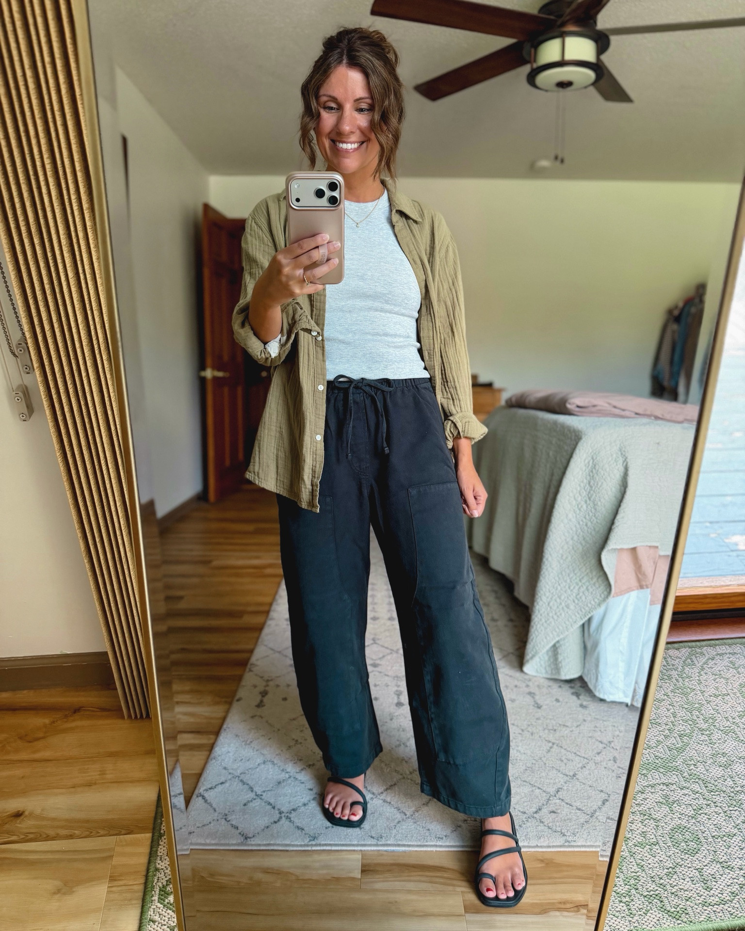 small in my bra, small in my tank, XS short/petite in my pants (100% cotton!), and small in my button up (also 100% cotton). My croc sandals are size 6.

#LTKPetite #LTKSeasonal #LTKmorningroutine