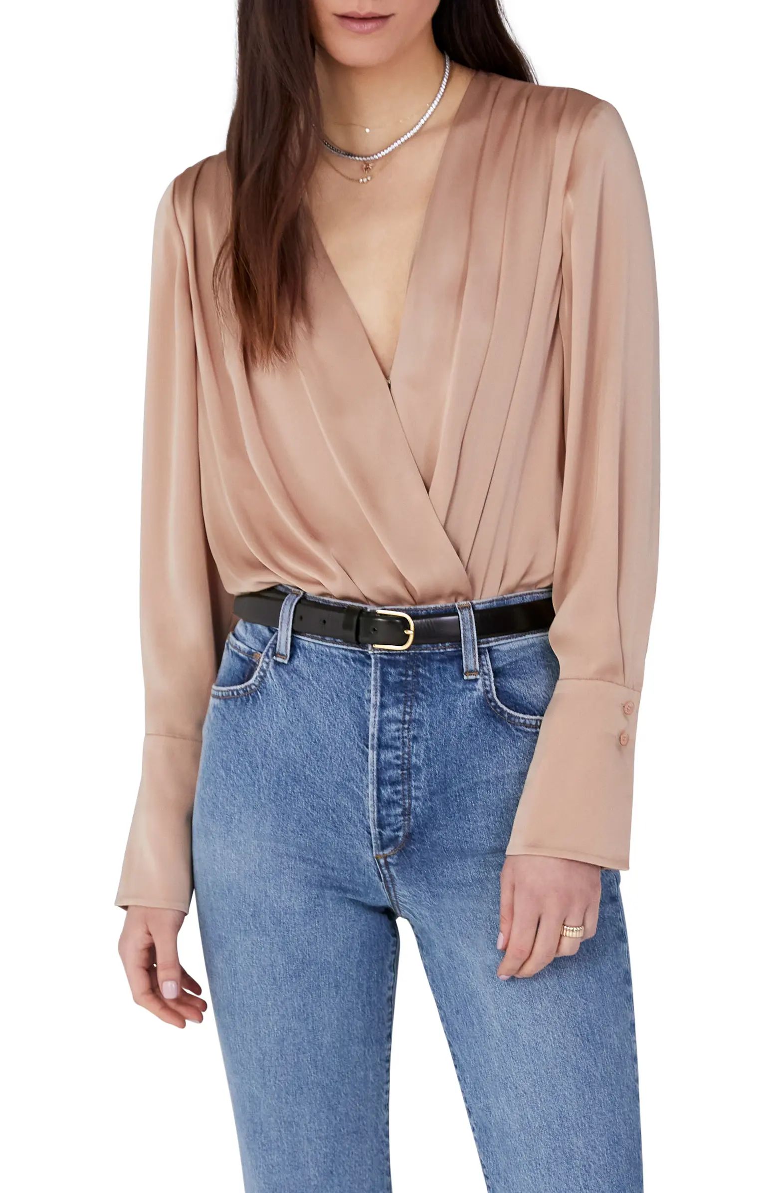 Surplice Long Sleeve Satin Bodysuit | Nordstrom