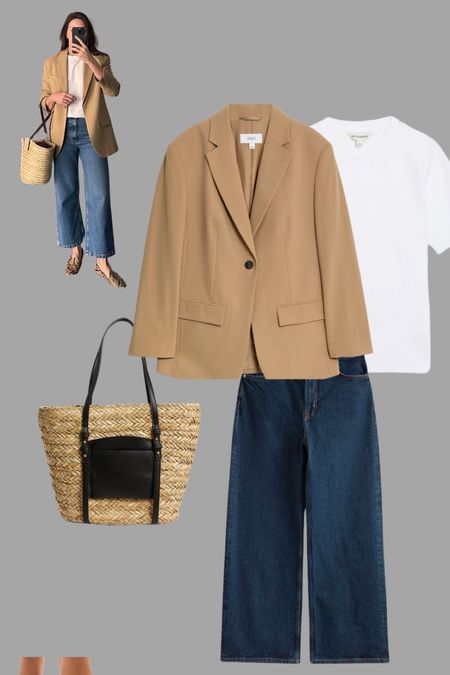 White tee shirt outfit: a camel blazer, straight cropped Jeans and snake print shoes with a basket bag