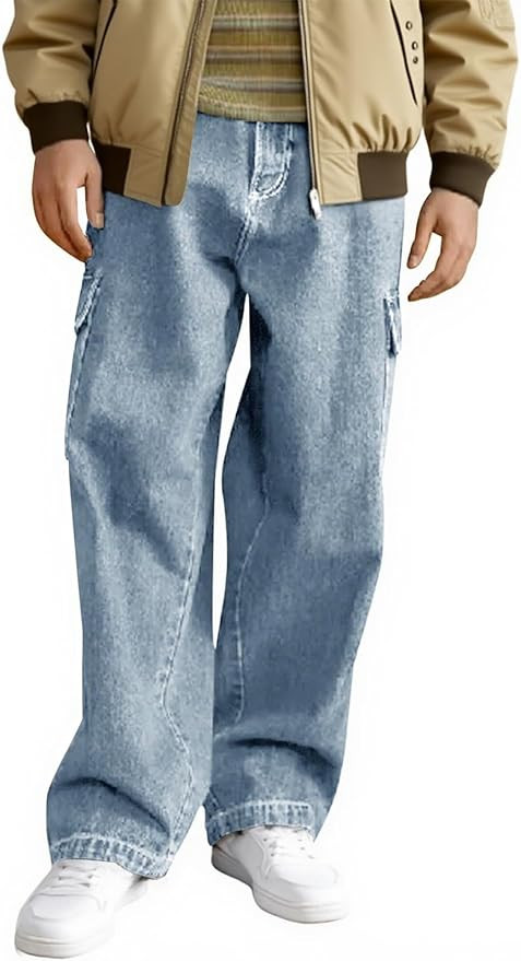 Haloumoning Boys Cargo Baggy Pants Elastic Waist Wide Leg Jeans Casual Demin Pants with Pockets 5... | Amazon (US)