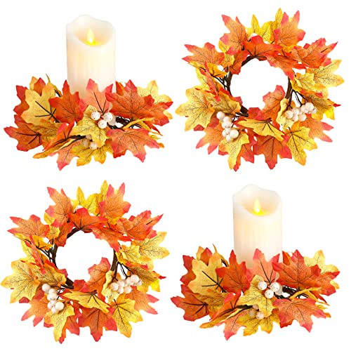 Fall Candle Rings Thanksgiving Day Candle Ring Candle Holder with Maple Leaves Wreath Mini Autumn Wreath Artificial Maple Leaves Candle Ring for Fall Home Table Decoration Centerpiece (4 Pieces) | Amazon (US)