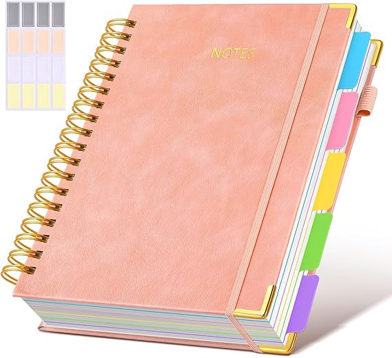 Hardcover Spiral Notebook Journal with Removable Dividers Tabs, 300 Pages Leather 5 Subject Noteb... | Amazon (US)