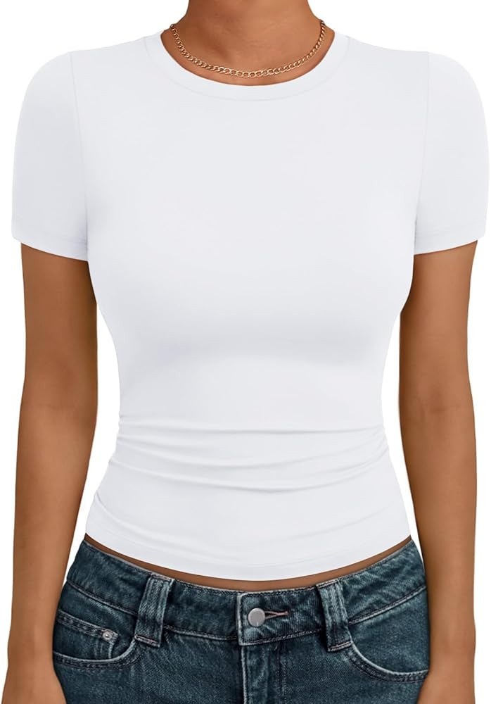 AUTOMET Women's Crew Neck Short Sleeve Summer Basic T-Shirt Stretchy Tight Fitted Soft Going Out ... | Amazon (US)