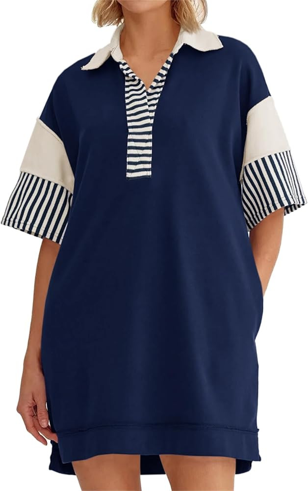 Wenrine Women's Polo V Neck T Shirt Dress Casual Summer Oversized Color Block Short Sleeve Sweats... | Amazon (US)