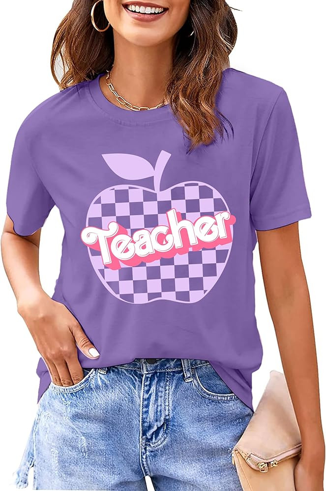 hohololo Teacher Shirts Women Funny Teacher Letter Print Tee Apple Graphic Short Sleeve Teacher G... | Amazon (US)