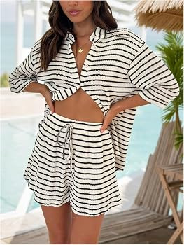 GORGLITTER Women's 2 Piece Short Sets Brunch Going Out Outfits Beach Vacation Crochet Striped But... | Amazon (US)