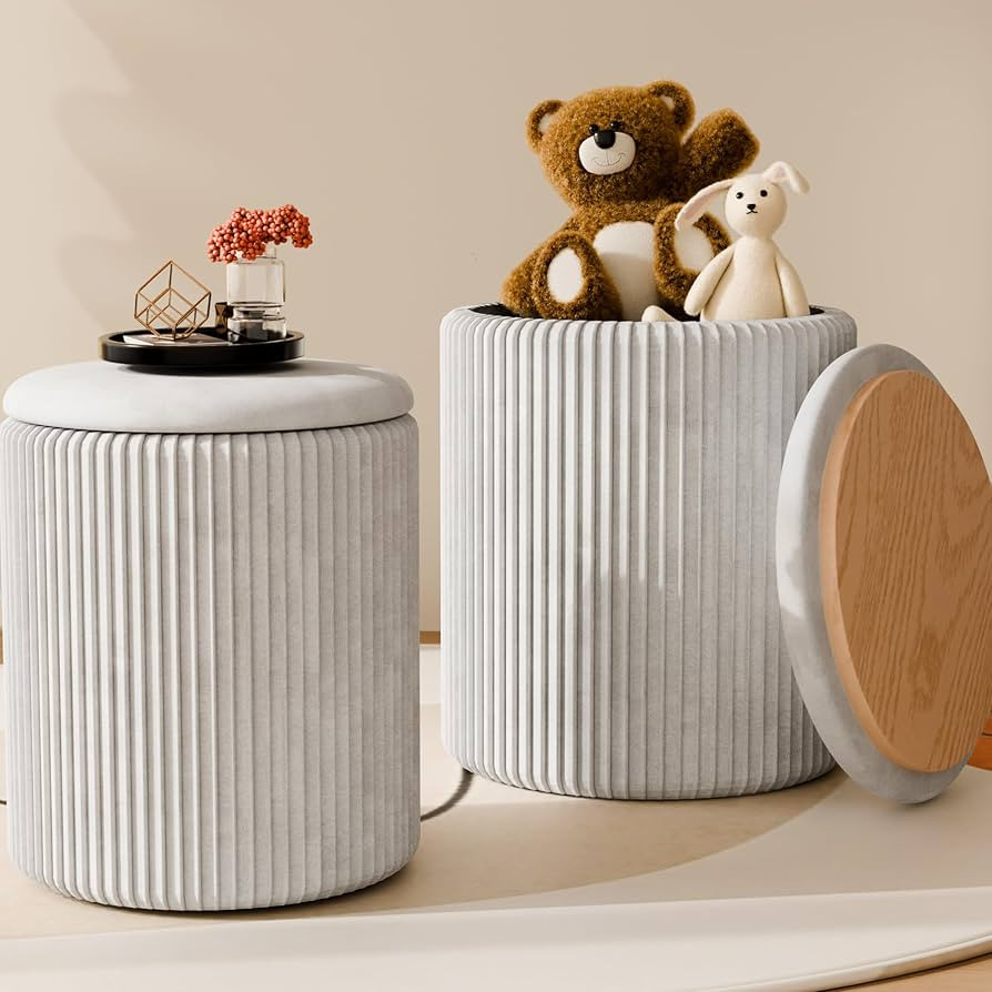 Ottoman with Storage Set of 2, Velvet Round Storage Ottoman, Upholstered Sponge Vanity Stool Supp... | Amazon (US)