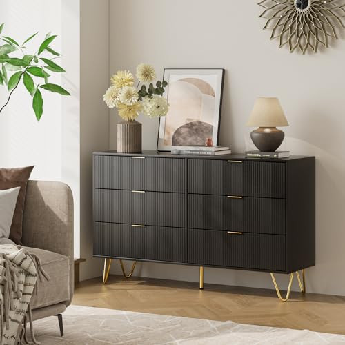 Masupu 6 Drawer Dresser, Modern Drawer Chest, Wide Storage Dresser Chest Cabinet Organizer Unit with Metal Legs, Chest of Drawers for Bedroom, Living Room, Closet, Entryway, Black Stripe Large | Amazon (US)
