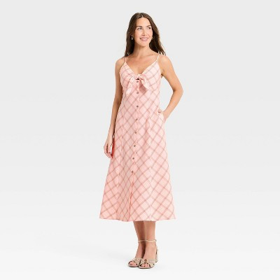 Women's Sleeveless Bow-Front Midi A-Line Dress - A New Day™ Pink Plaid S | Target