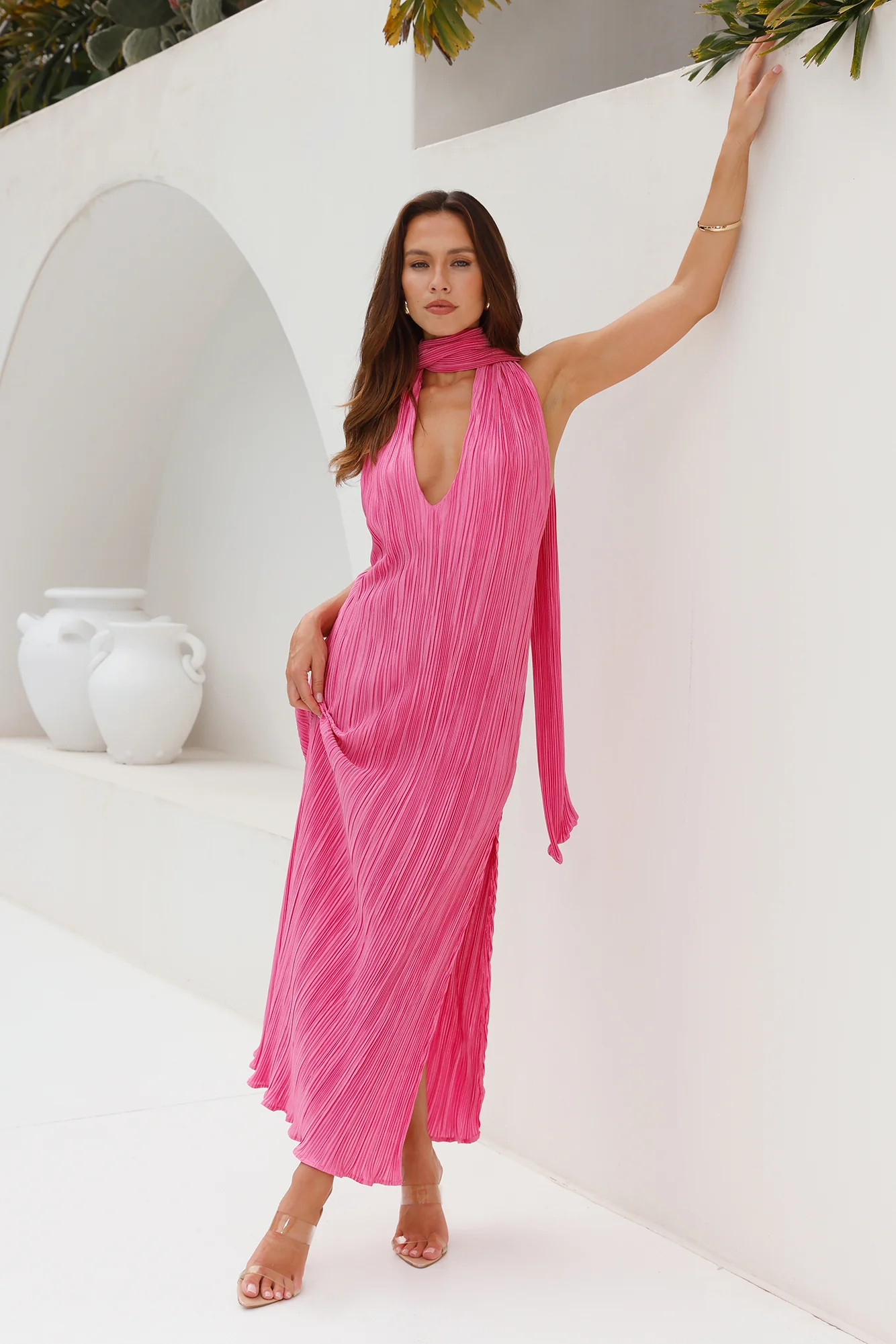 HELLO MOLLY Excitement Plisse Halter Maxi Dress Pink | Hello Molly (US)