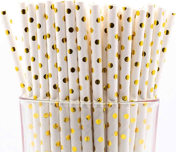 Pack of 300 Gold Polka Dot Foil Biodegradable 4-Ply Paper Drinking Straws (Compostable, Non-toxic... | Amazon (US)