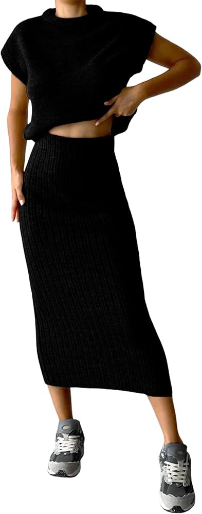 Zhiyouni Women's 2 Piece Sweater Sets Outfits Knit Vest Pullover Bodycon Maxi Skirts Loungewear | Amazon (US)
