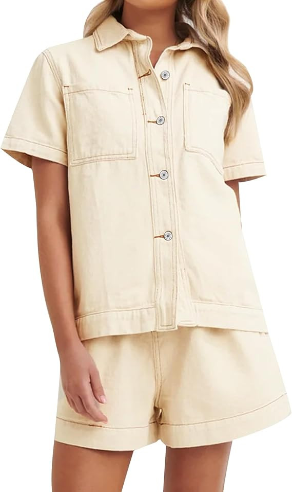 Kedera Summer Denim Set for Women 2 piece Casual Short Sleeve Boxy Shirt Tops and Shorts Pants Lo... | Amazon (US)