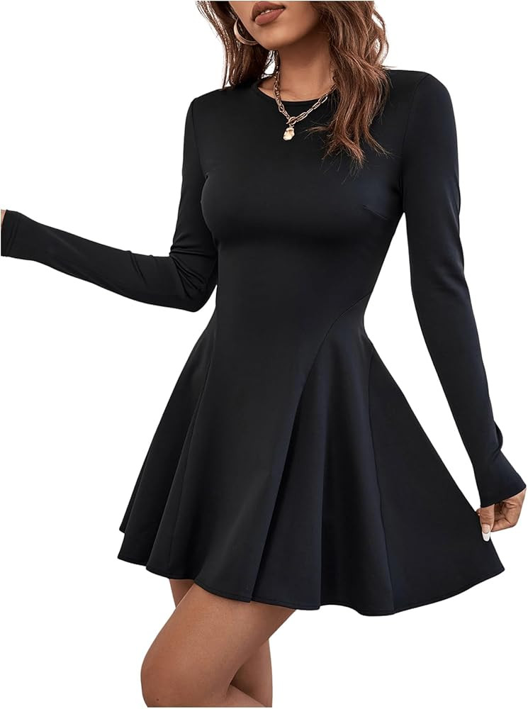 COZYEASE Women's Fall Flare Hem Dress Crewneck Long Sleeve Dresses Elegant High Waist Mini Dress | Amazon (US)