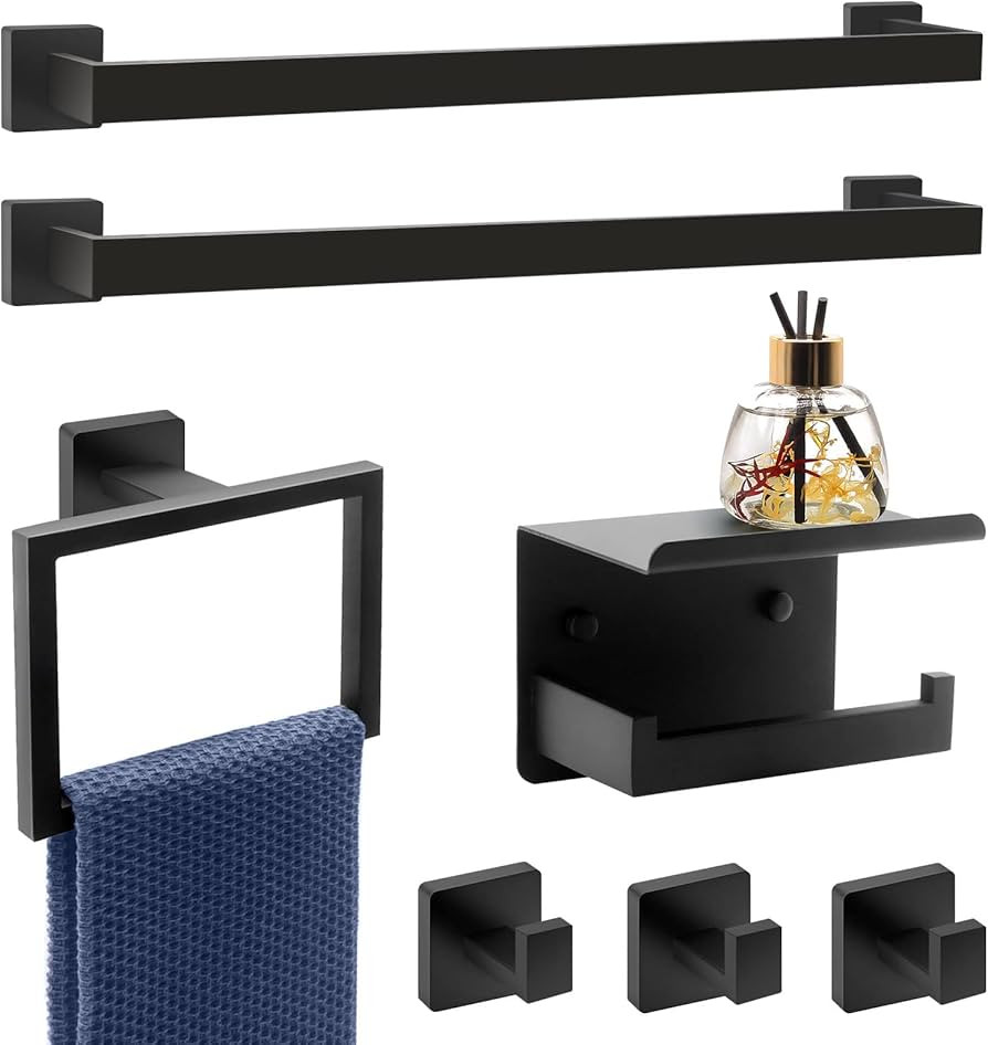 7 Piece Bathroom Hardware Set Black Towel Bar Set Matte Black Bathroom Hardware Accessories Set w... | Amazon (US)