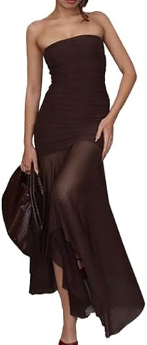 Women's Sexy Strapless Mesh Maxi Dress Tube Top Midi Dresses Wedding Guest Party Cocktail | Amazon (US)